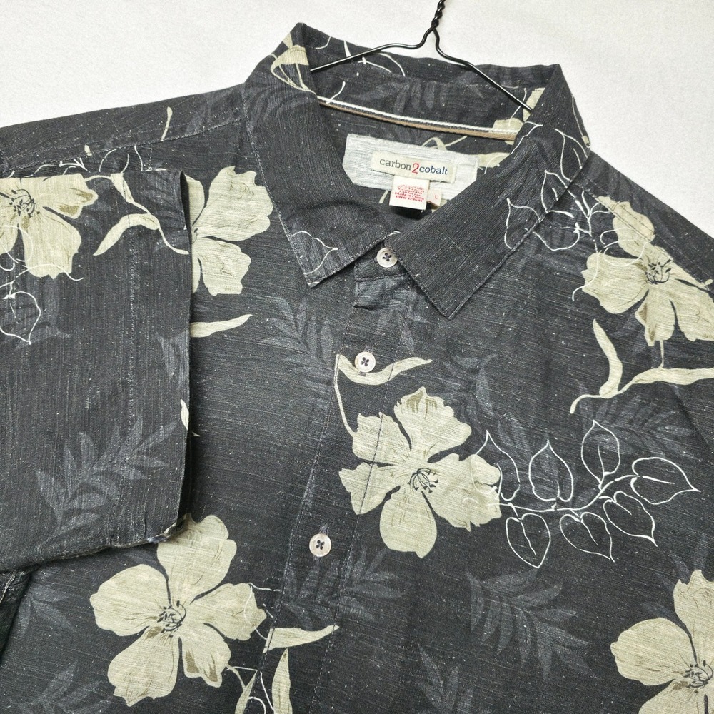 Carbon2Cobalt Floral Shirt Men's L Black Linen Blend Short Sleeve Hibiscus Slub
